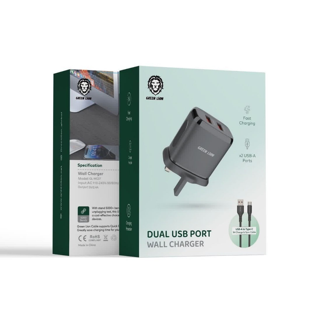 شارژر دیواری دو پورت USB با کابل تایپ سی گرین لاین Green lion Dual USB port wall charger USB-A to Type-c Cable