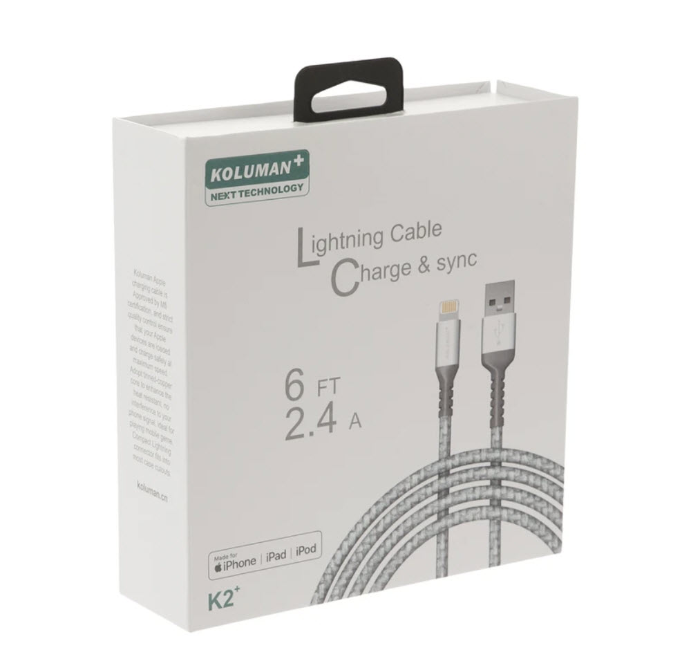 کابل تبدیل USB به لایتنینگ کلومن پلاس مدل +K2 طول 1.8متر ( به همراه گواهی MFi از کمپانی اپل)