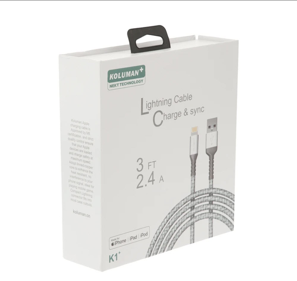کابل تبدیل USB به لایتنینگ کلومن پلاس مدل +K1 طول 1 متر ( به همراه گواهی MFi از کمپانی اپل)