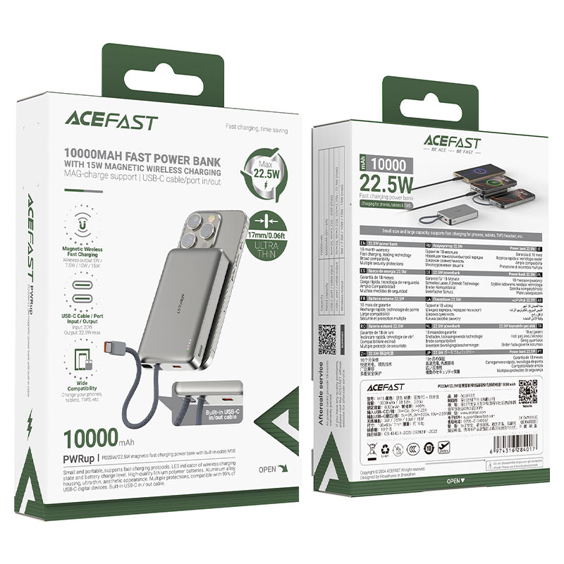 پاوربانک وایرلس 10000 مگنتی ایس فست ACEFAST M18 توان 20 وات همراه با کابل متصل