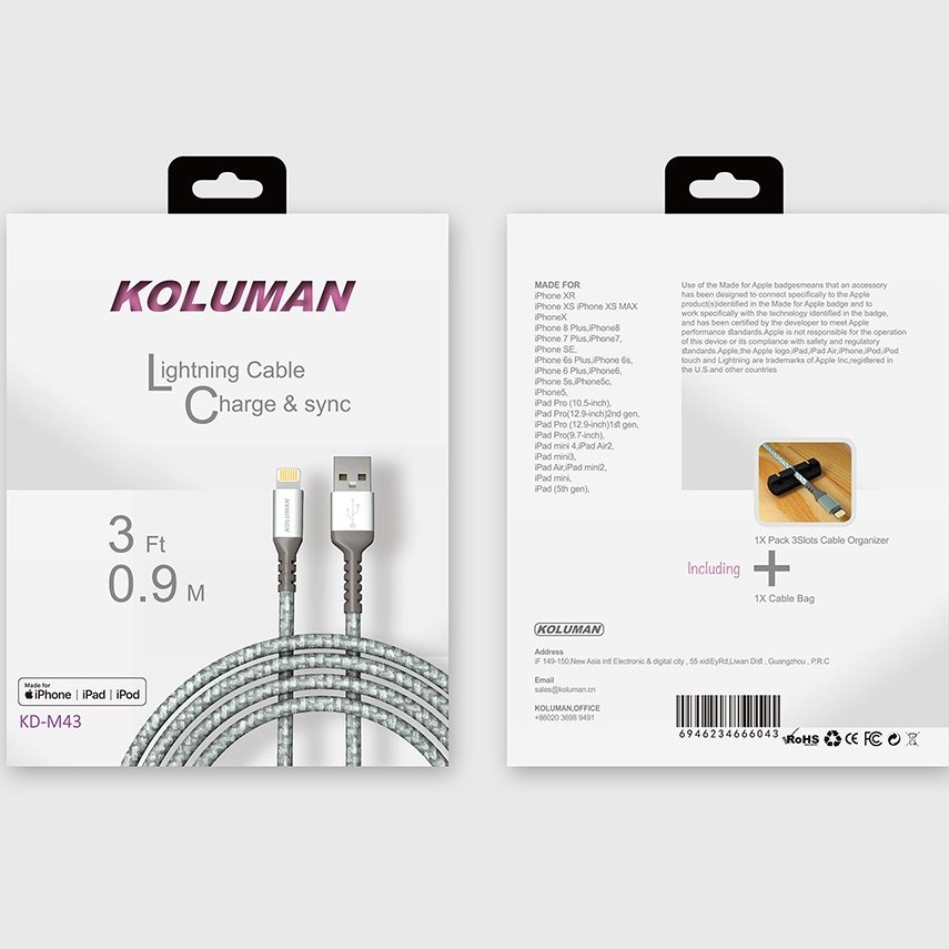 کابل تبدیل USB به لایتنینگ کلومن مدل KD-M43 طول 1 متر ( به همراه گواهی MFi از کمپانی اپل)